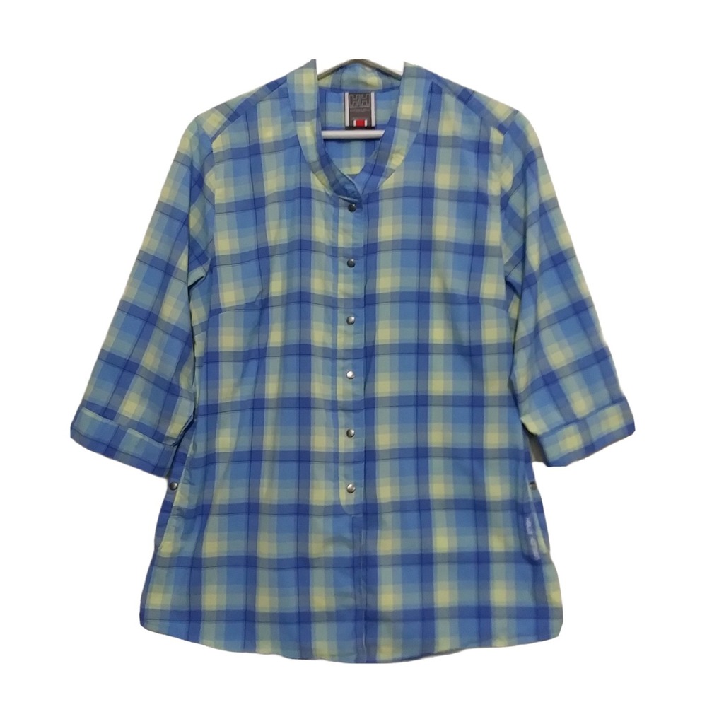 Helly Hansen Womens Blue Yellow Plaid Snap Front 3/4 Sleeve Technical Shirt M